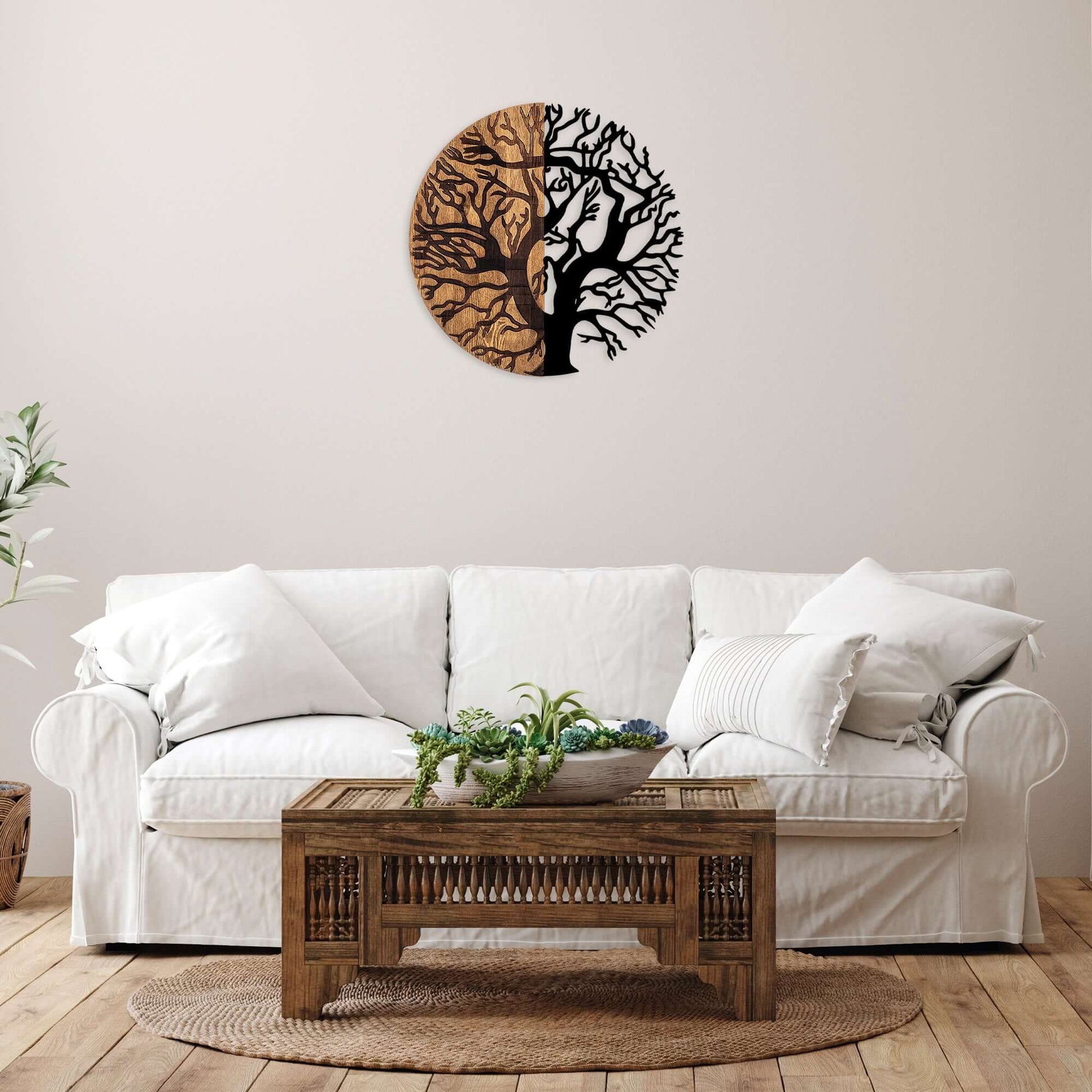 Circle of Seasons wooden and metal wall art decor with unique design.