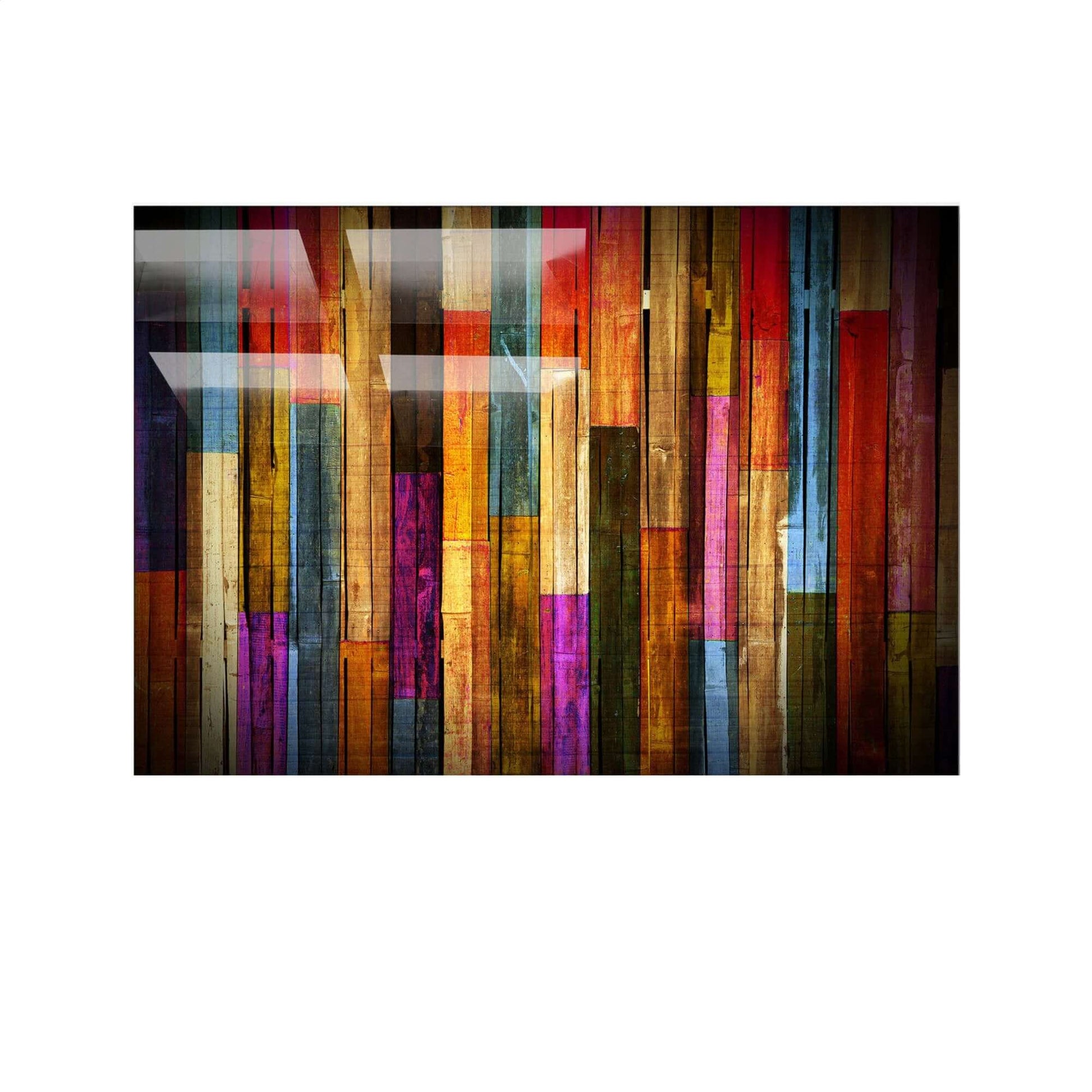 Colorful uv glass wall decor with vibrant hues and wooden patterns.