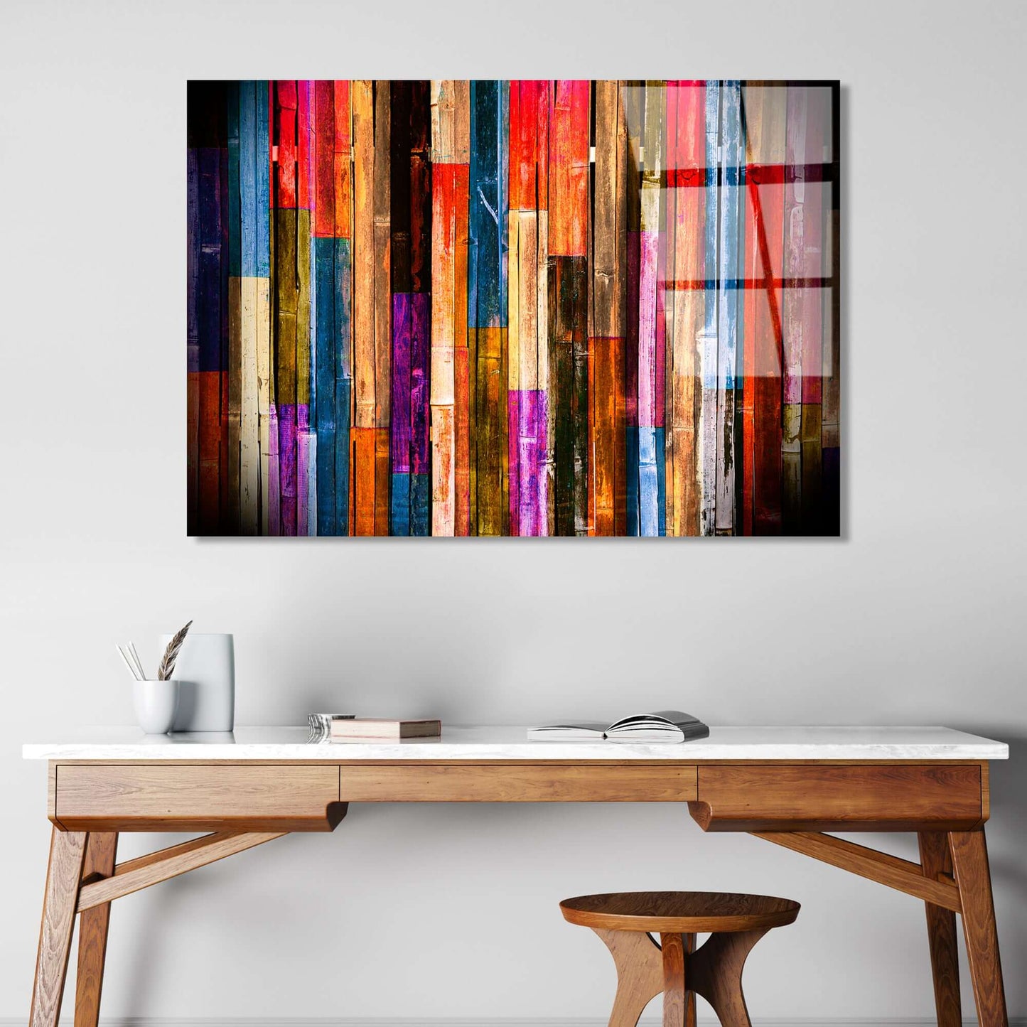 Colorful Reflections UV Glass Wall Decor with Vibrant Hues and Wooden Patterns