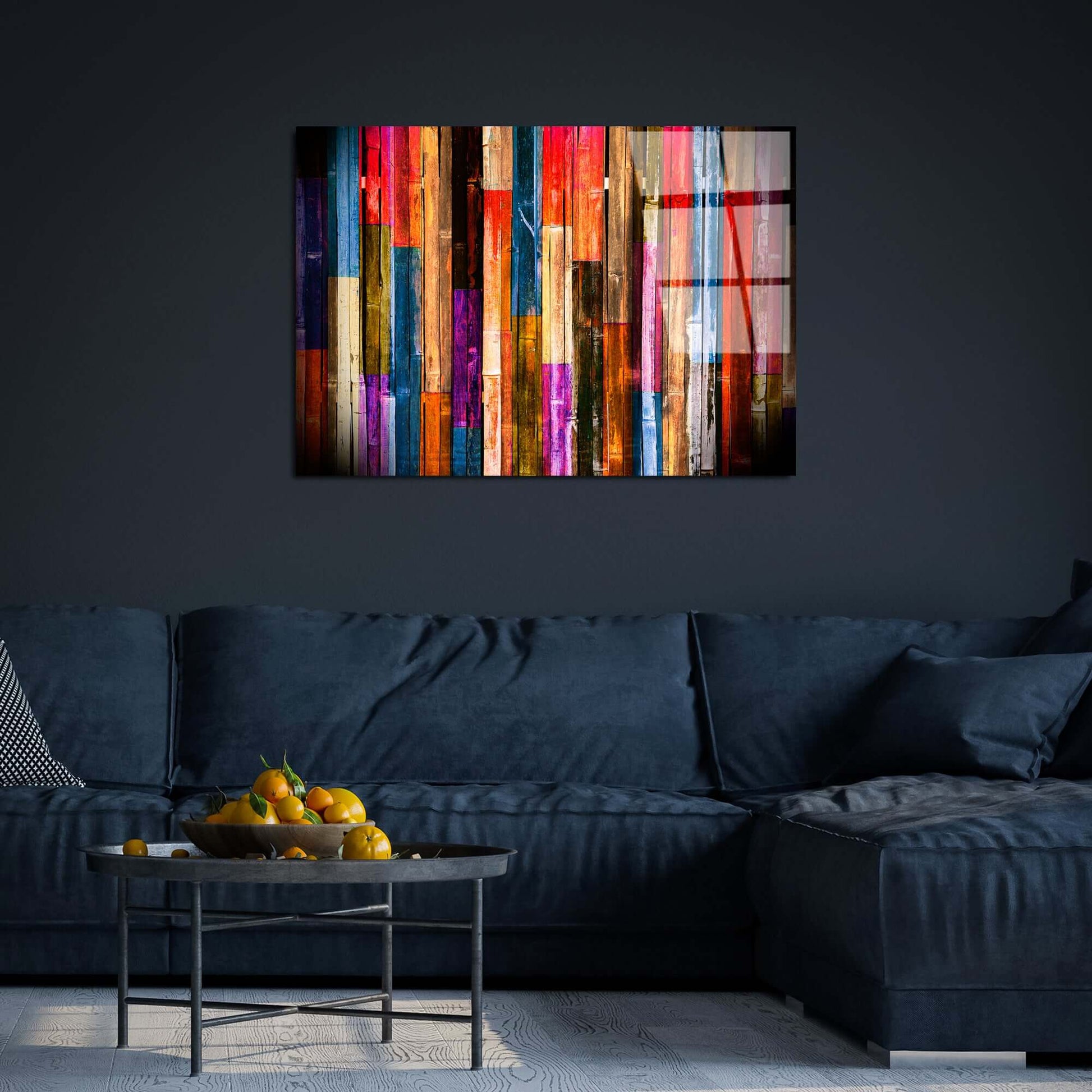 Colorful Reflections UV Glass Wall Decor with Vibrant Hues and Wooden Patterns