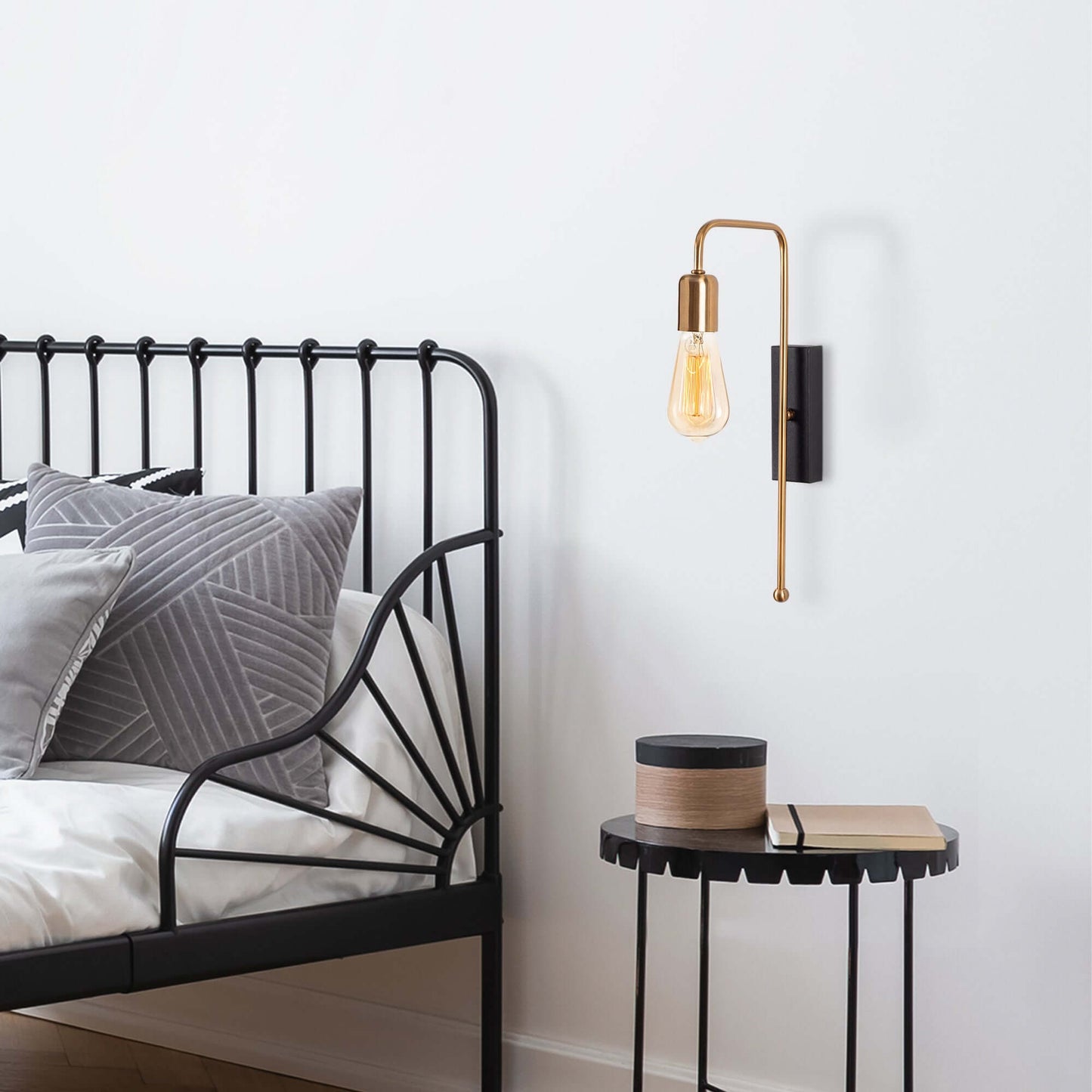 Deco Light Wall with Gold Arc Arm and Exposed Bulb - Modern and Vintage Style Lighting for Hallways and Bedrooms