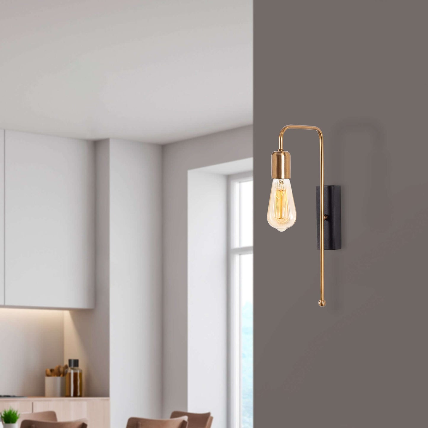 Deco Light Wall with Gold Arc Arm and Exposed Bulb, Modern Vintage Style Lighting for Hallways and Bedrooms