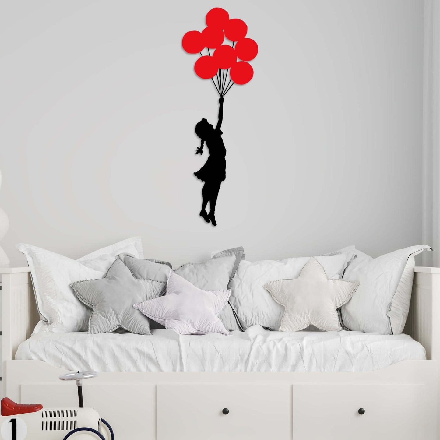 Dreamy Balloon Girl metal wall decor with playful girl soaring with red balloons.