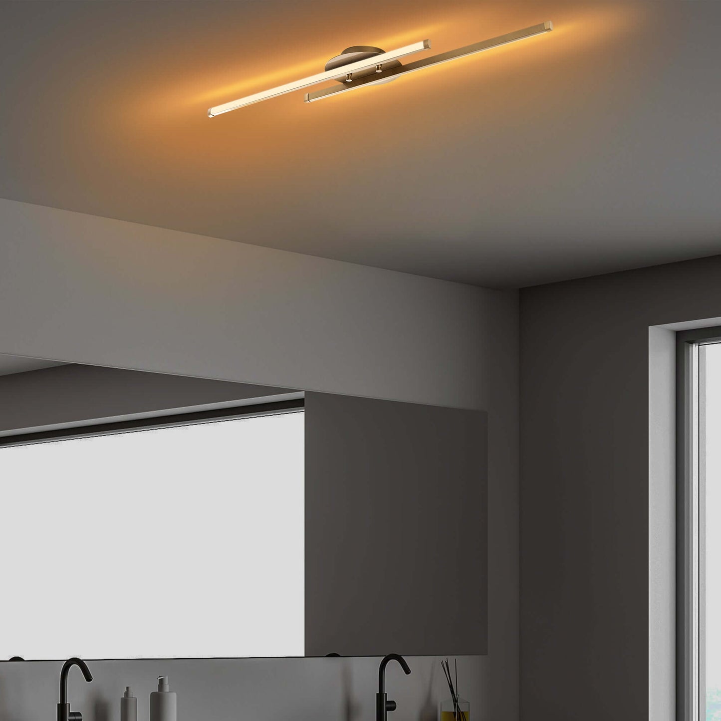 Dual beam ceiling light in elegant gold finish, illuminating a room with two beams of light.