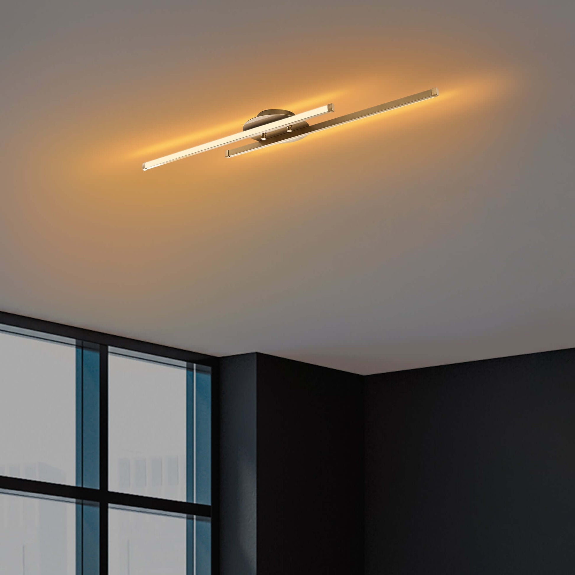 Dual beam gold ceiling light with elegant design for modern interiors.