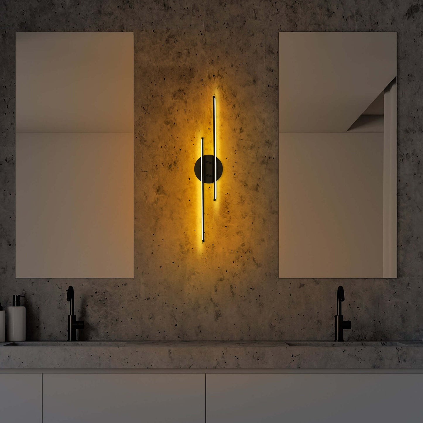 Dual Beam Wall Light in Black Finish emitting soft glow from two elegant bars. Modern and sophisticated lighting option.