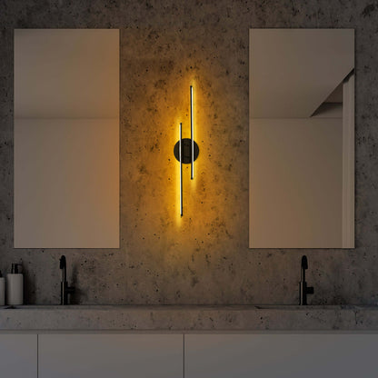 Dual Beam Wall Light in Black Finish emitting soft glow from two elegant bars. Modern and sophisticated lighting option.