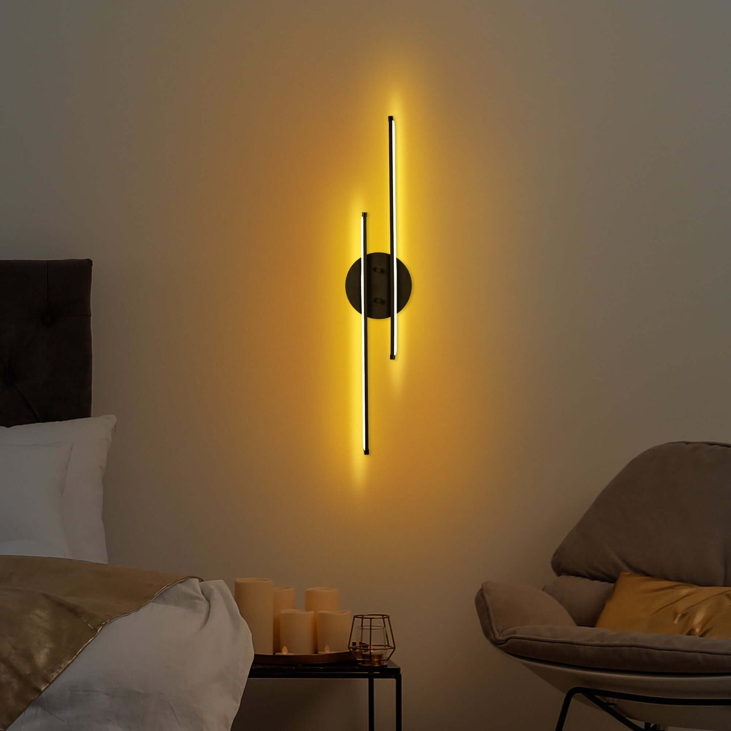 Dual Beam Wall Light in Black Finish emitting soft glow from two elegant bars.