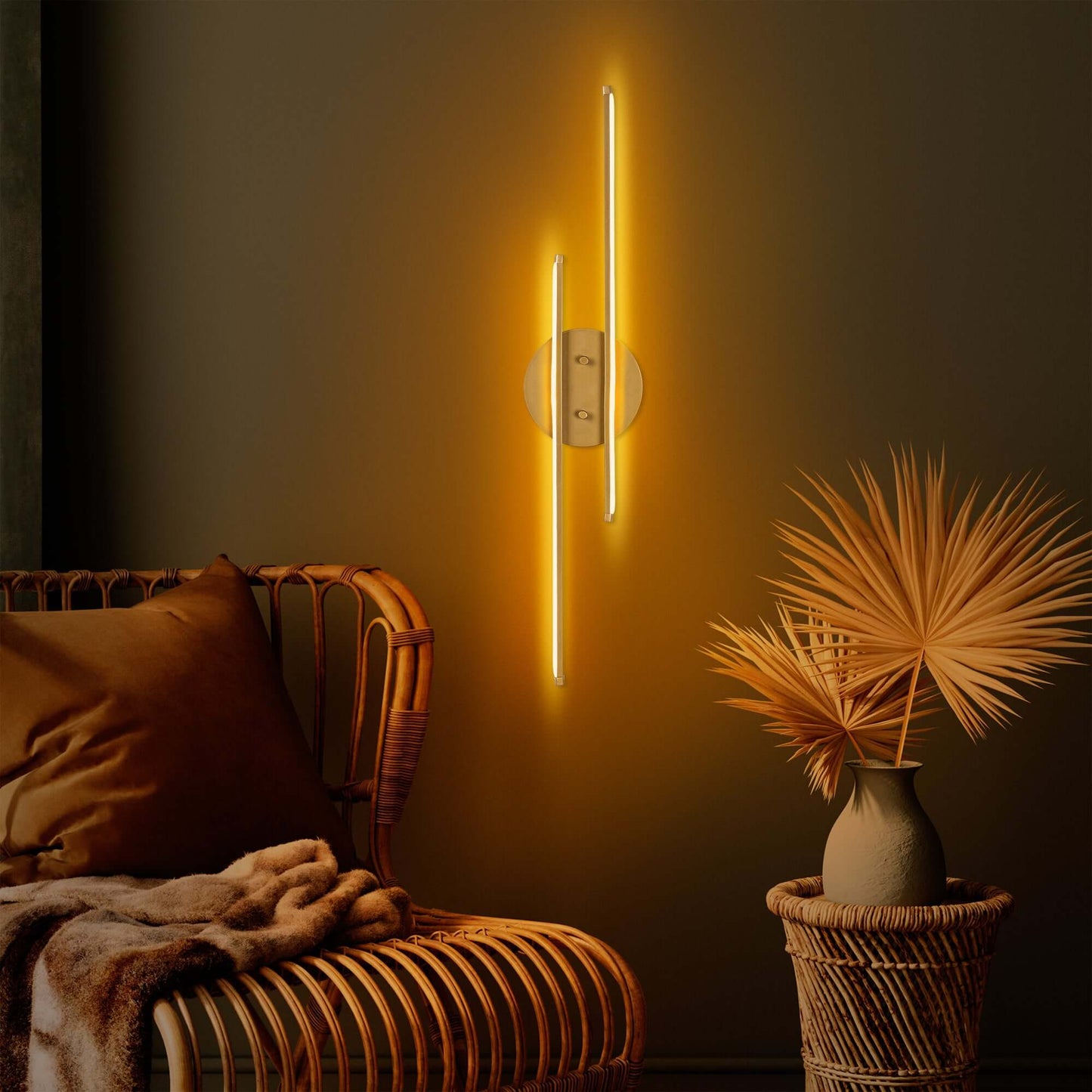 Dual Beam Wall Light in Gold Finish emitting soft glow from two elegant bars. 