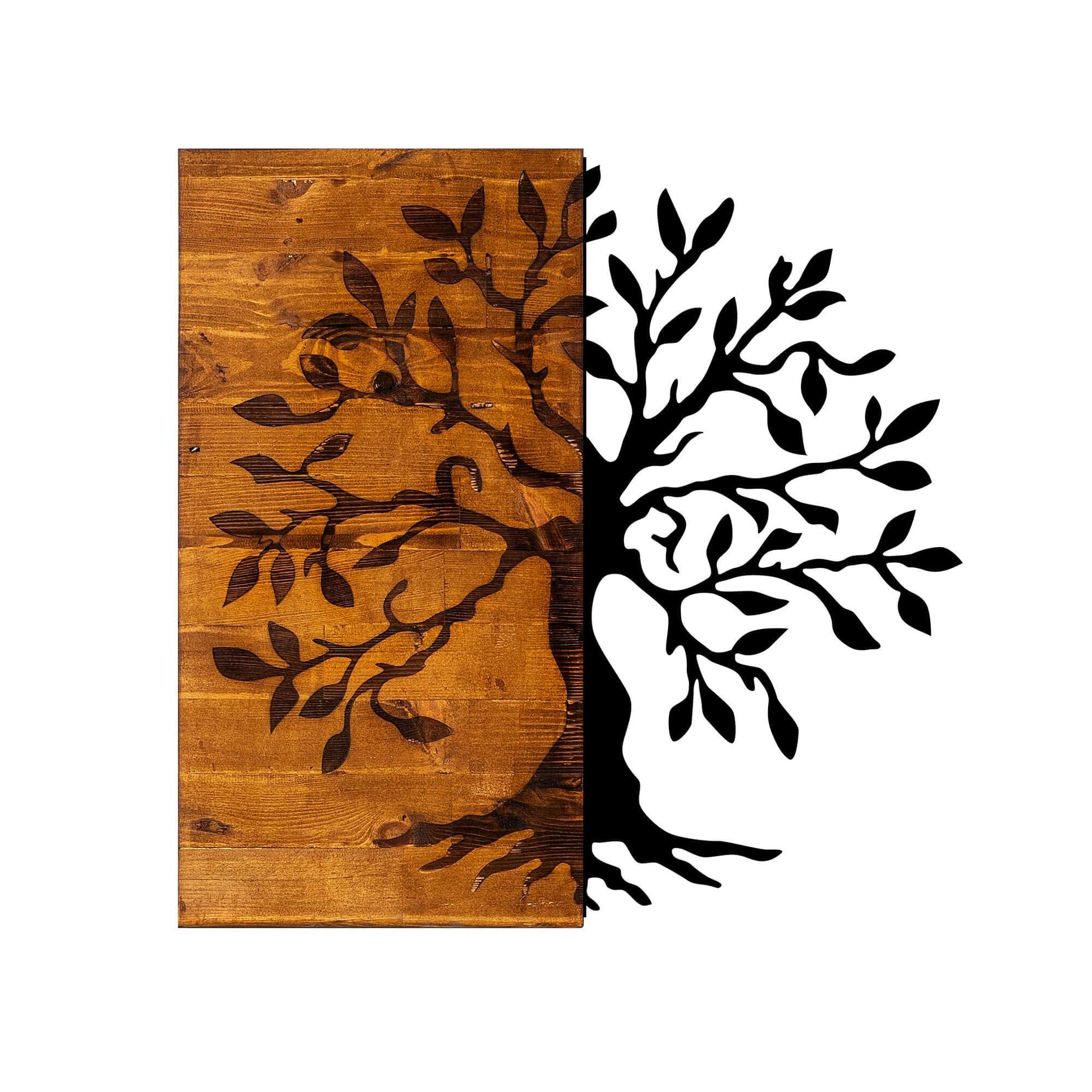 Dual Harmony Tree Wall Art with wooden half-tree merging with sleek metal design.