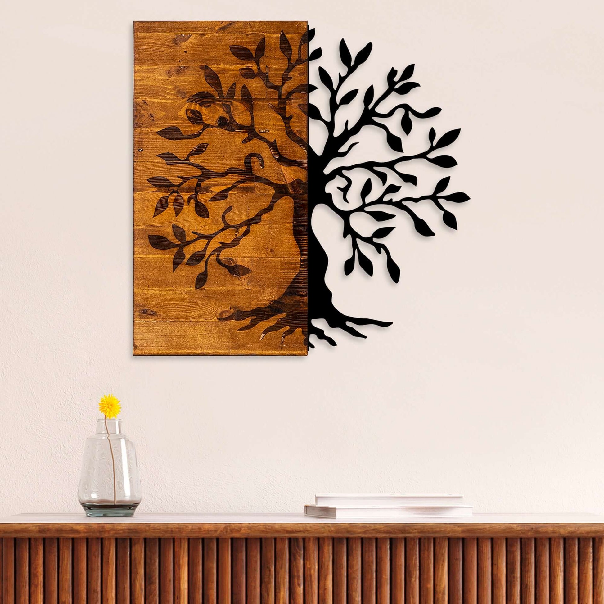 Dual Harmony Tree Wall Art featuring wooden half-tree merging with sleek metal design.