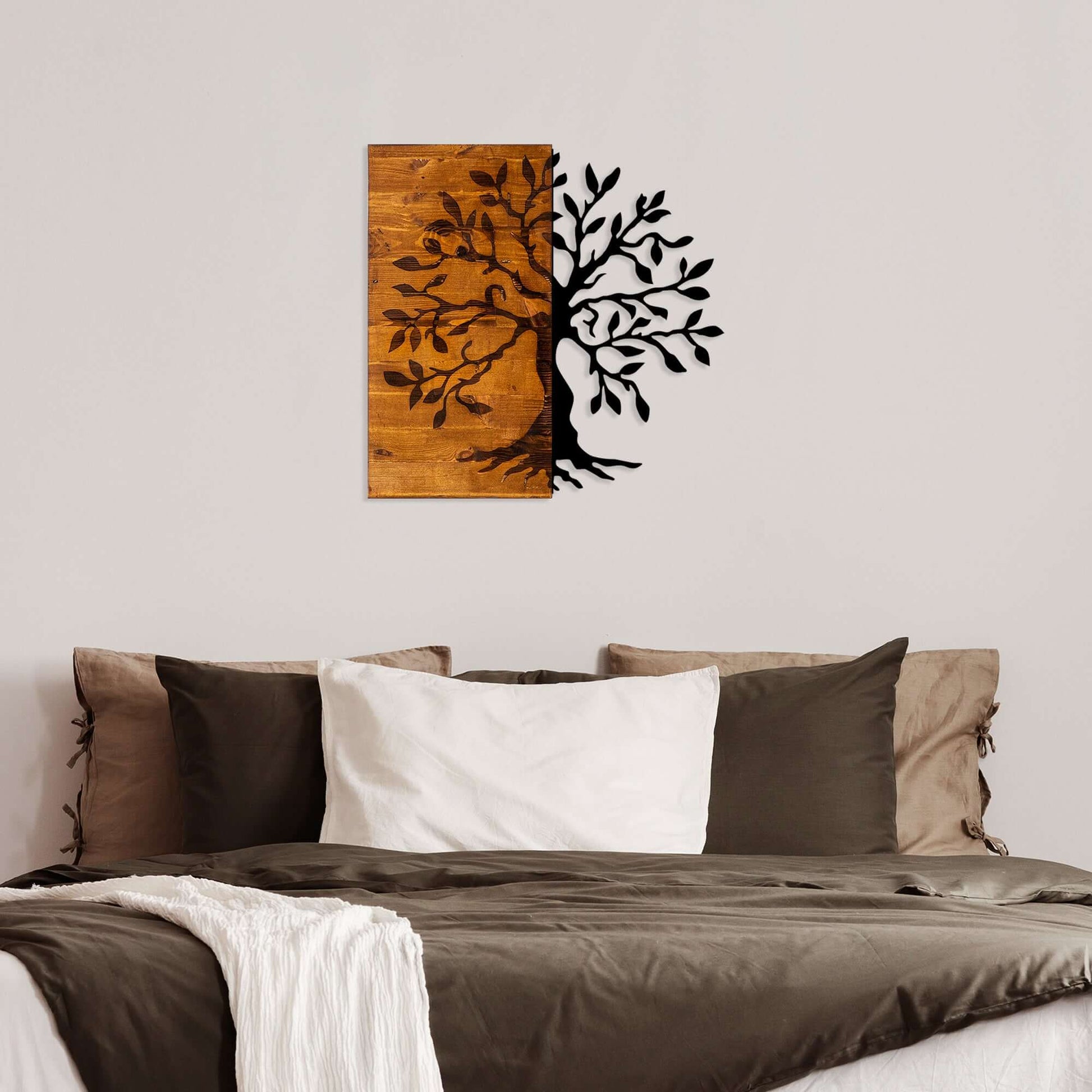 Dual Harmony Tree Wall Art wooden half-tree merging with sleek metal design symbolizing balance of nature.