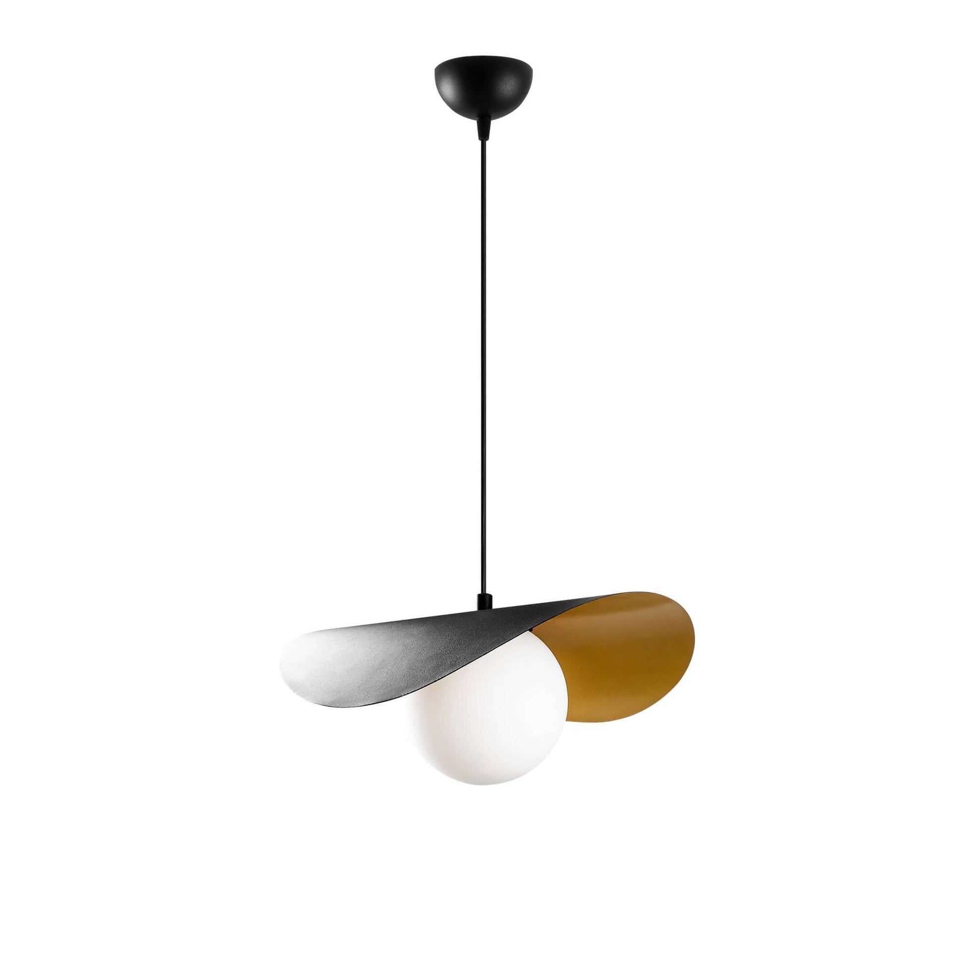 Modern gold and black pendant light with curved design resembling a planet orbiting in space.