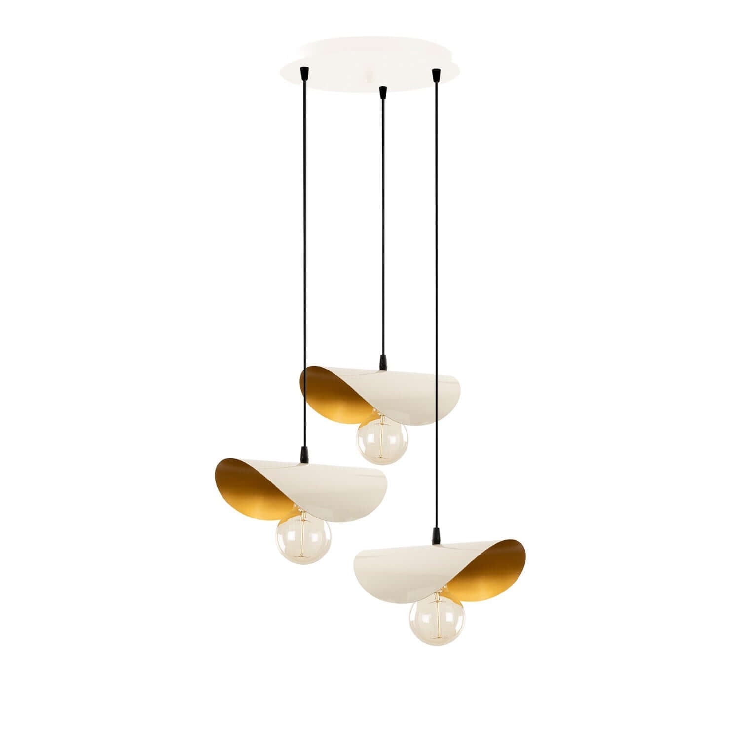 Eclipse Glow Pendant Trio with golden interior shades resembling flower petals.