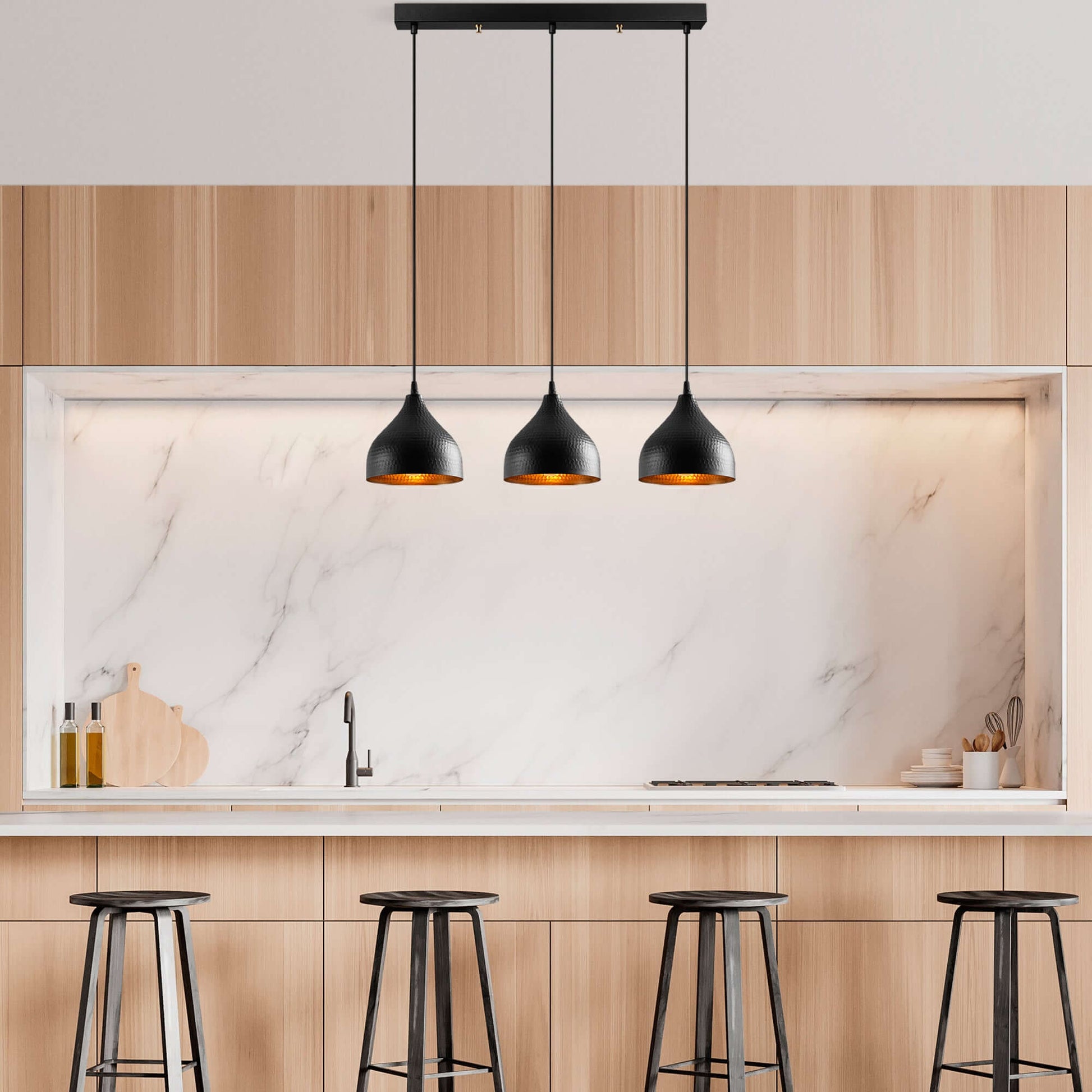 Elegance Trio Industrial Ember Pendant Lights with Warm Amber Glow for Dining Room, Kitchen, Living Space