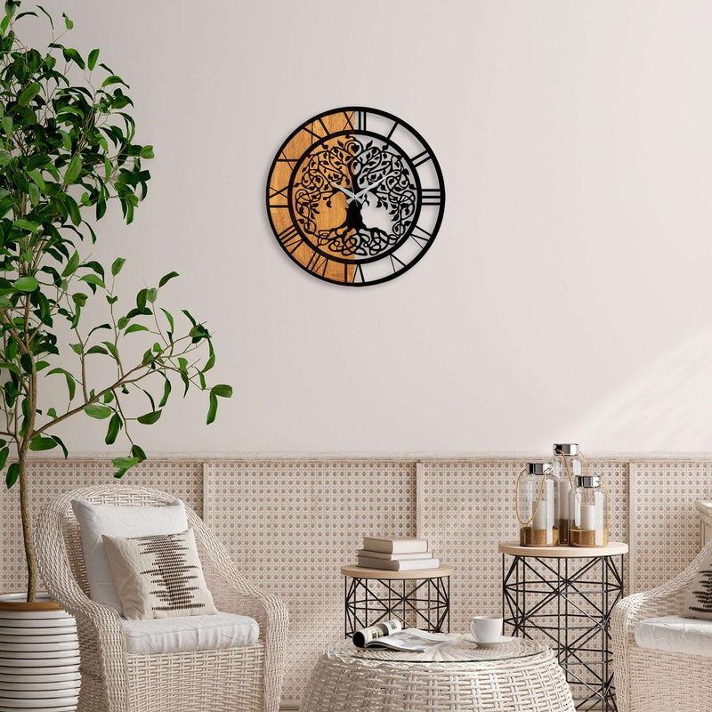 Eternal Harmony Wall Clock with Tree of Life Design in Golden Hues and Black Silhouettes