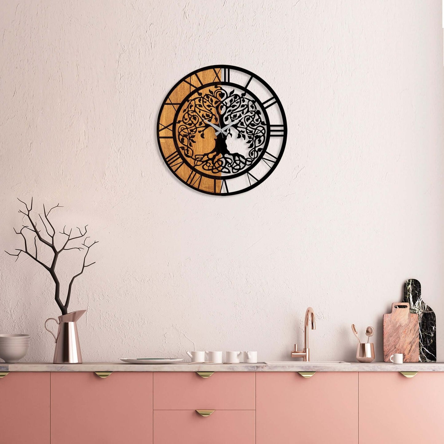 Eternal Harmony Wall Clock with Tree of Life Design in Golden Hues and Black Silhouettes