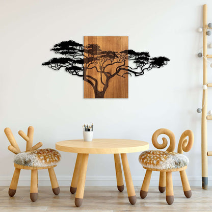 "Wood and metal wall decor Evergreen Silhouette blending artistic design elements"