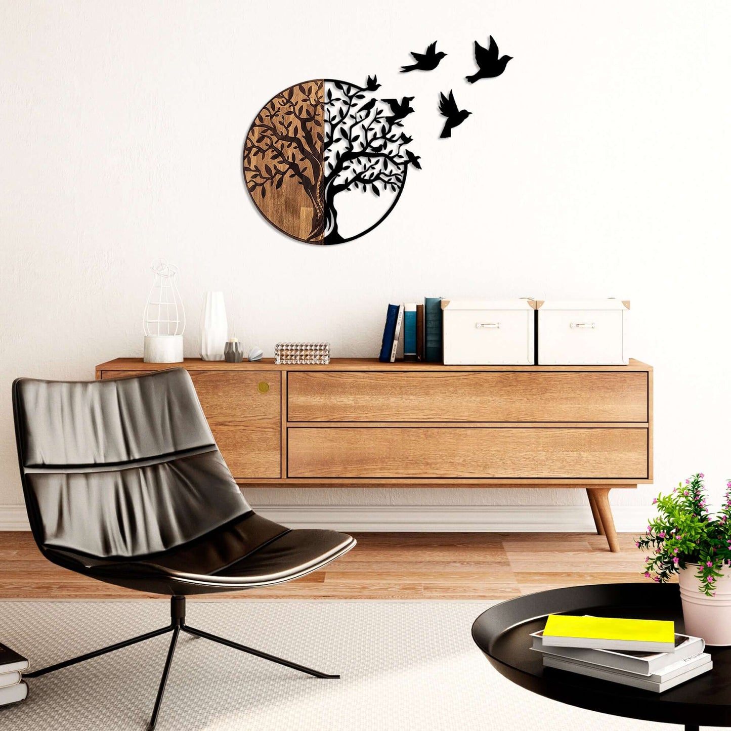 Round wood and metal wall art featuring bird silhouettes - Forever in Flight