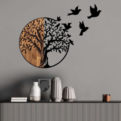 Round wood and metal wall art featuring bird silhouettes - Forever in Flight.