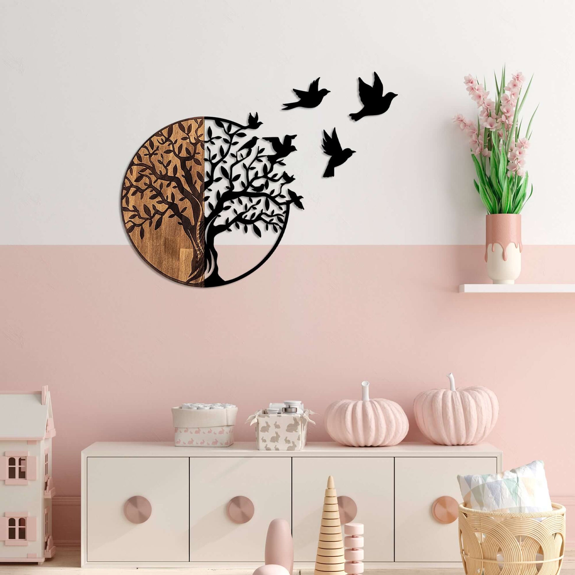 Round wood and metal wall art featuring bird silhouettes, "Forever in Flight" design.