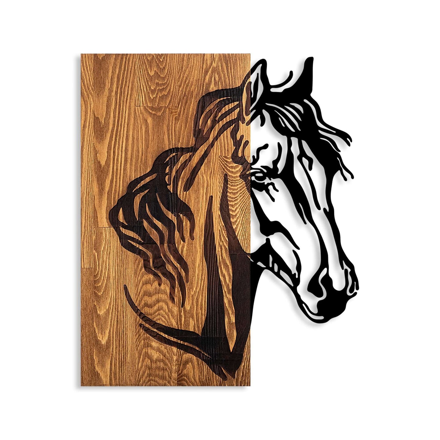 Gallop Grace metal horse profile wall decor on wood.