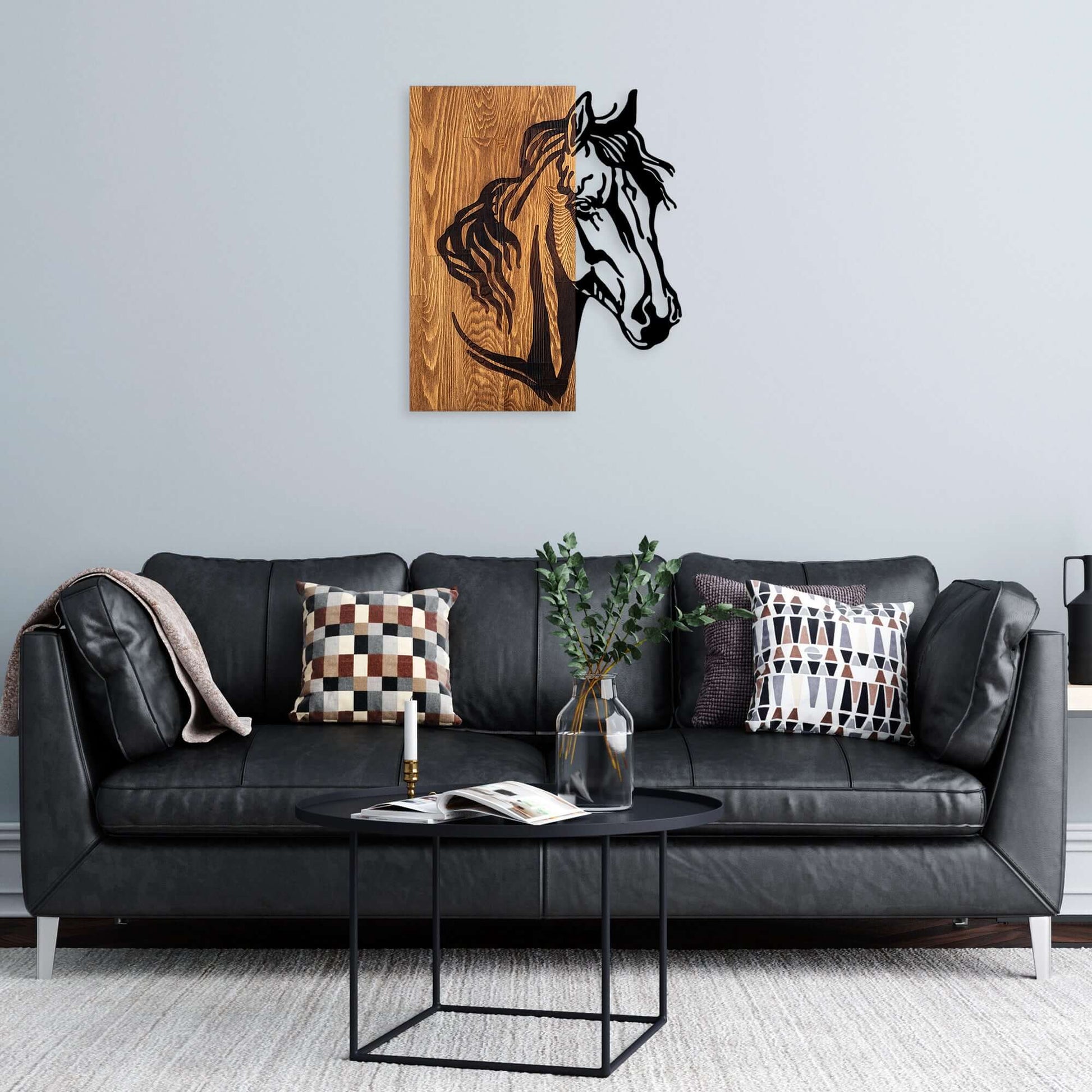 Gallop Grace metal horse profile wall decor on wood.