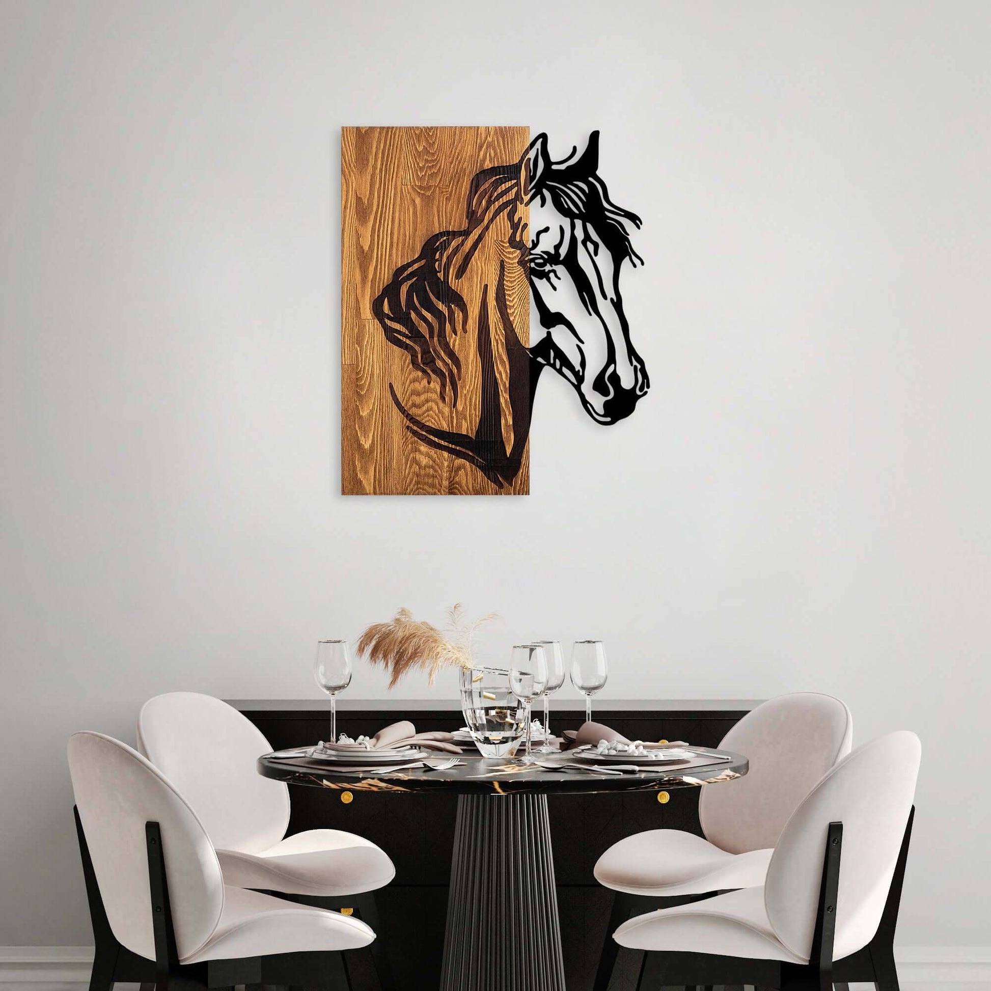 Gallop Grace metal horse profile wall decor on wood background.