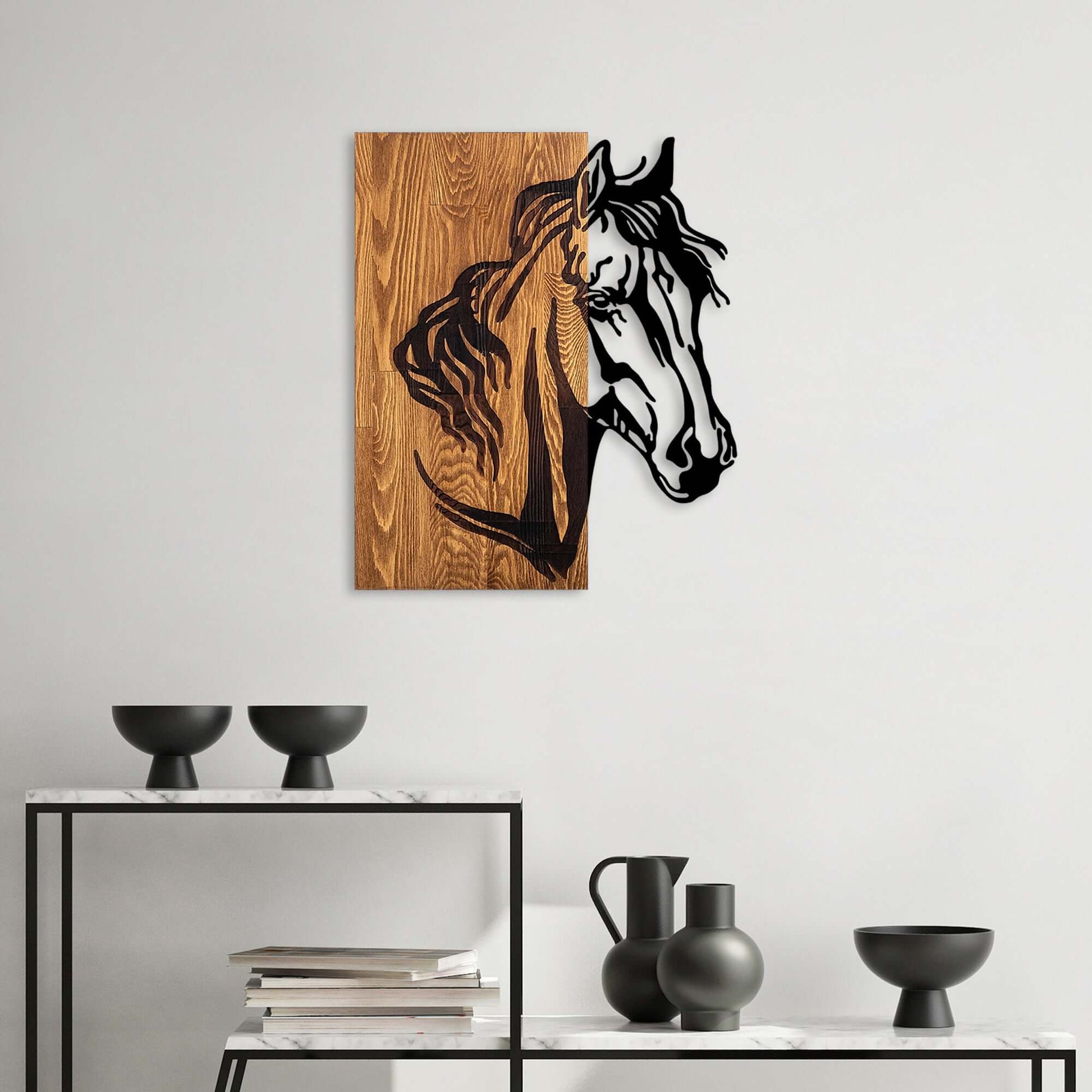 Gallop Grace metal horse profile wall decor on wood.