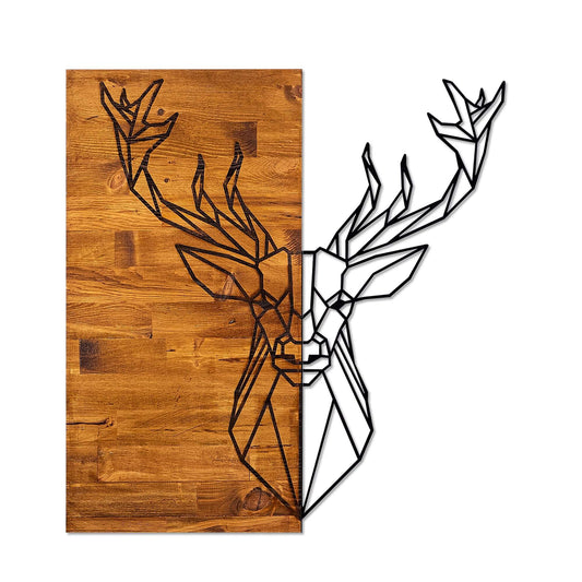 Geometric stag wall art featuring wood tones and metal deer design.