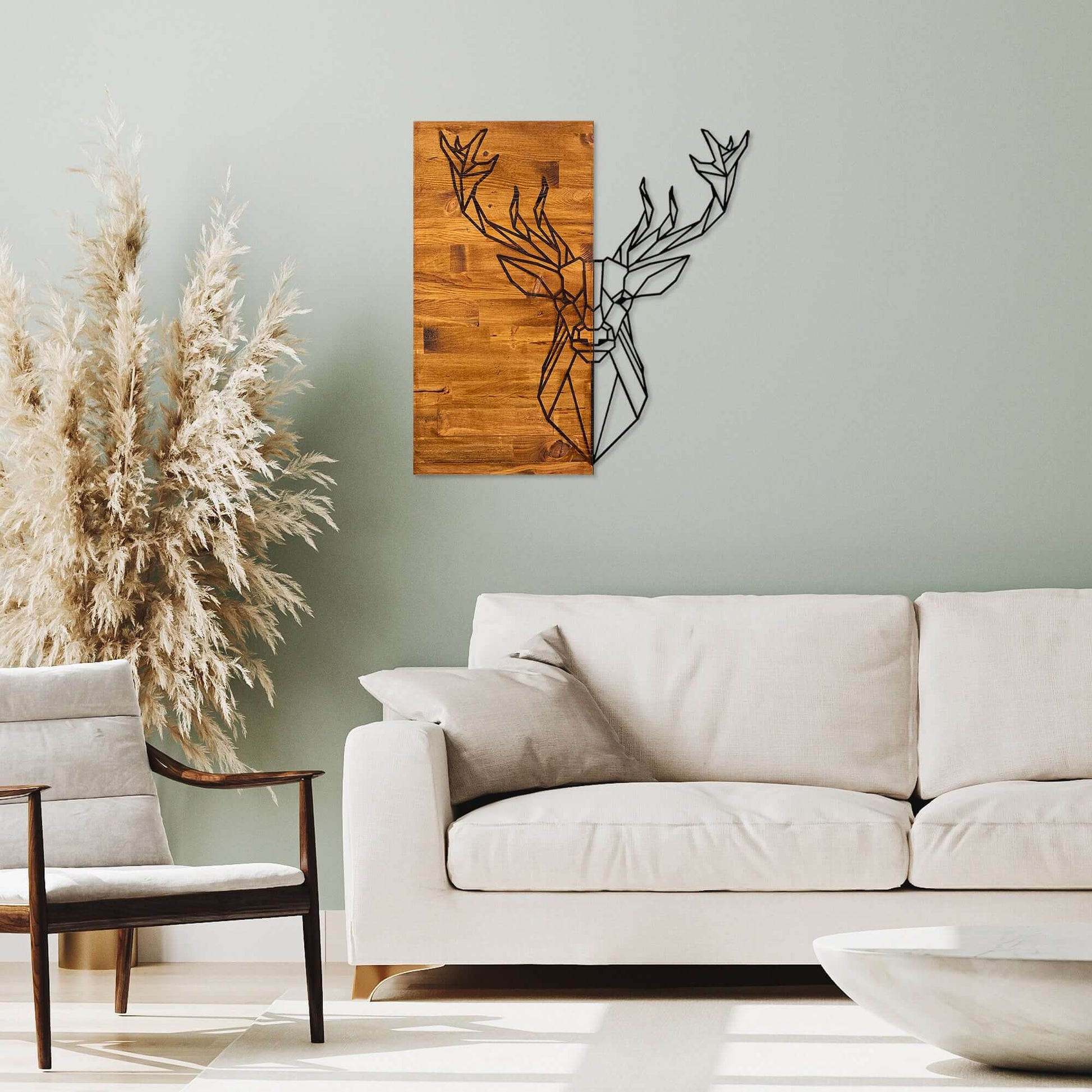 Geometric Stag Wall Art with metal deer design and warm wood tones.