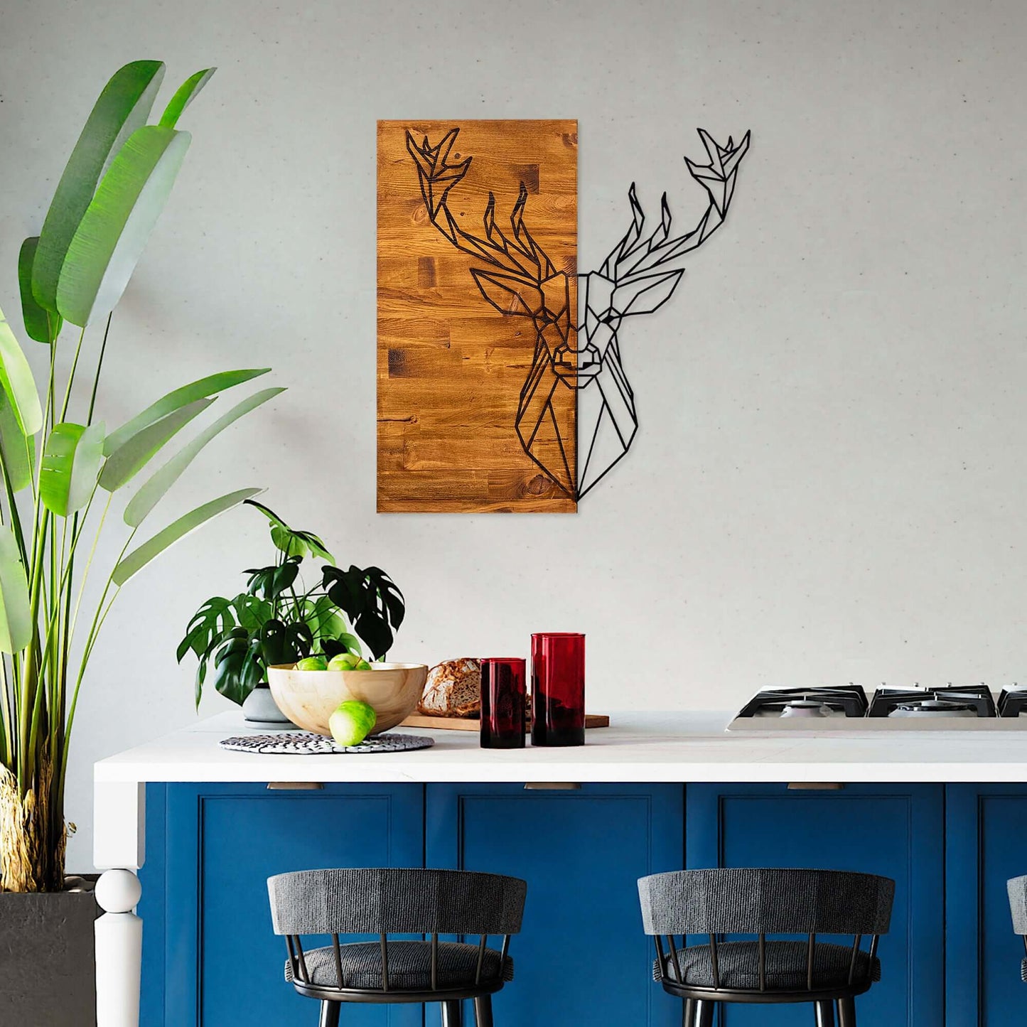 Geometric stag wall art with wood tones and metal deer design.