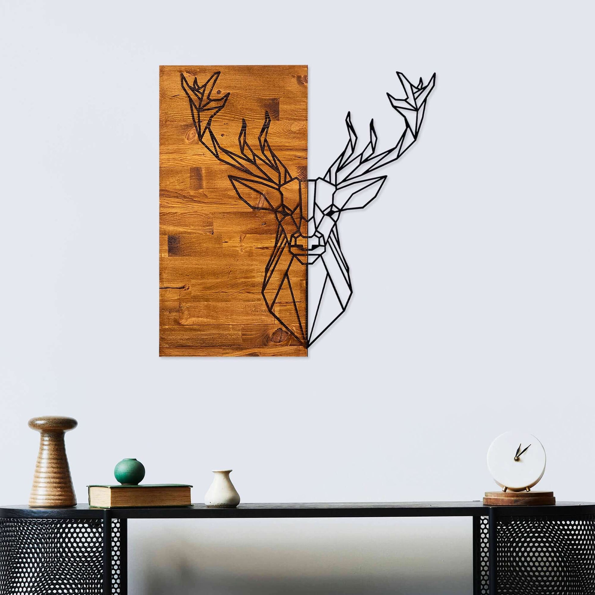 Geometric Stag Wall Art with wood and metal deer design.