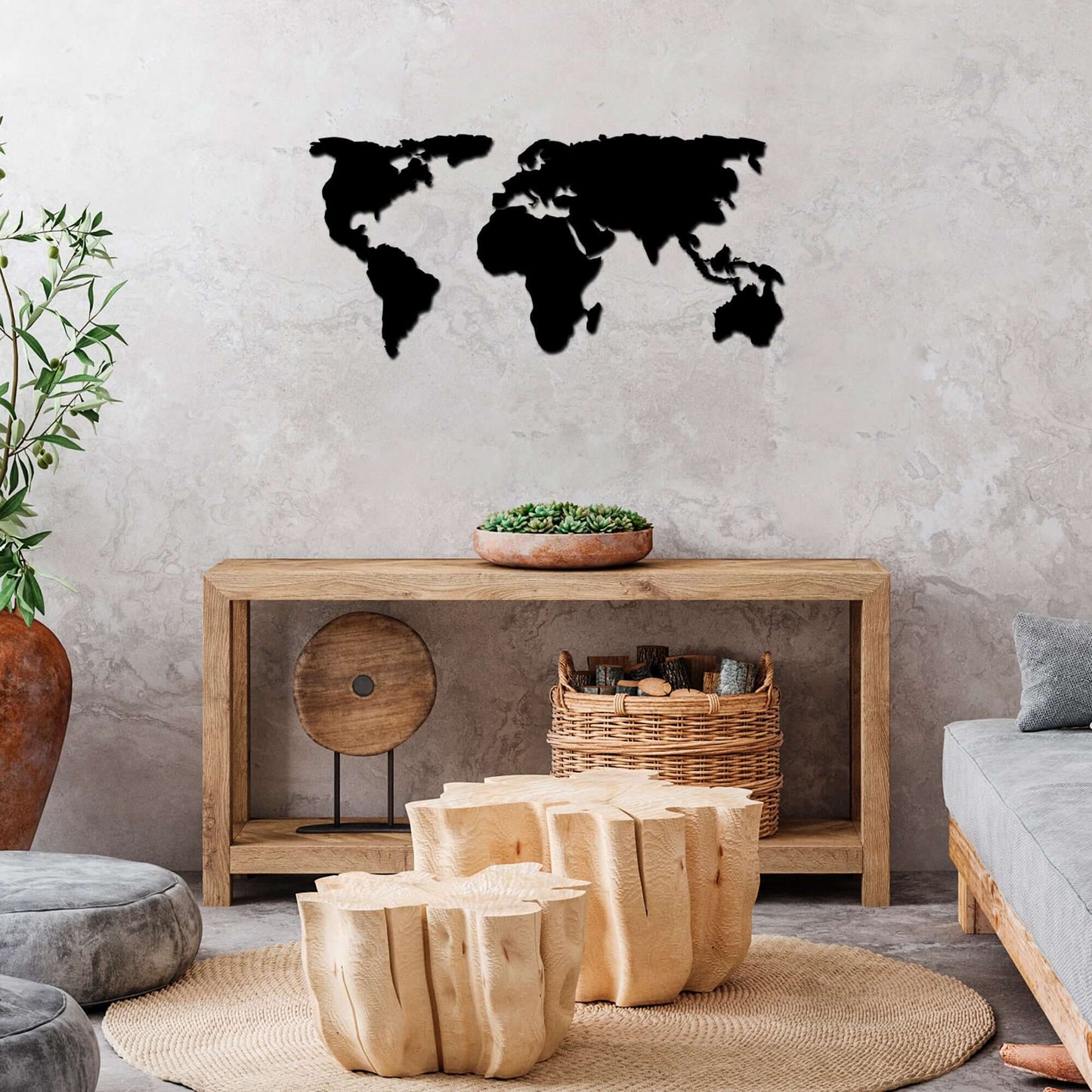 Metal world map wall decor for global adventures, perfect for bedroom, office, or living room.