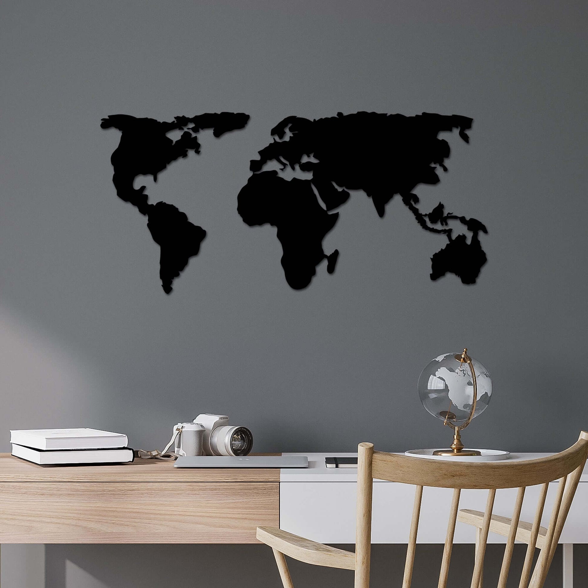 Metal world map wall decor for global adventures, ideal for bedroom, office, or living room.