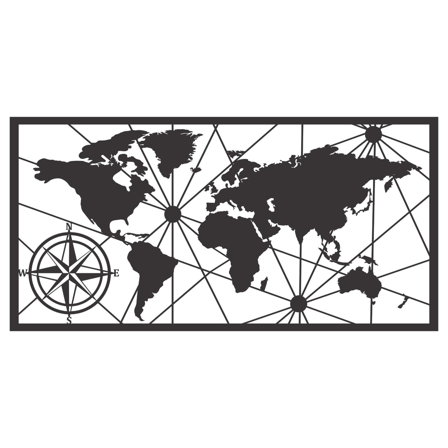 Metal wall art with detailed world map and classic compass design for living room or home office decor.