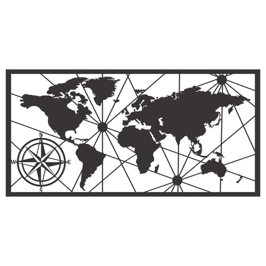 Metal wall art with detailed world map and classic compass design for living room or home office decor.