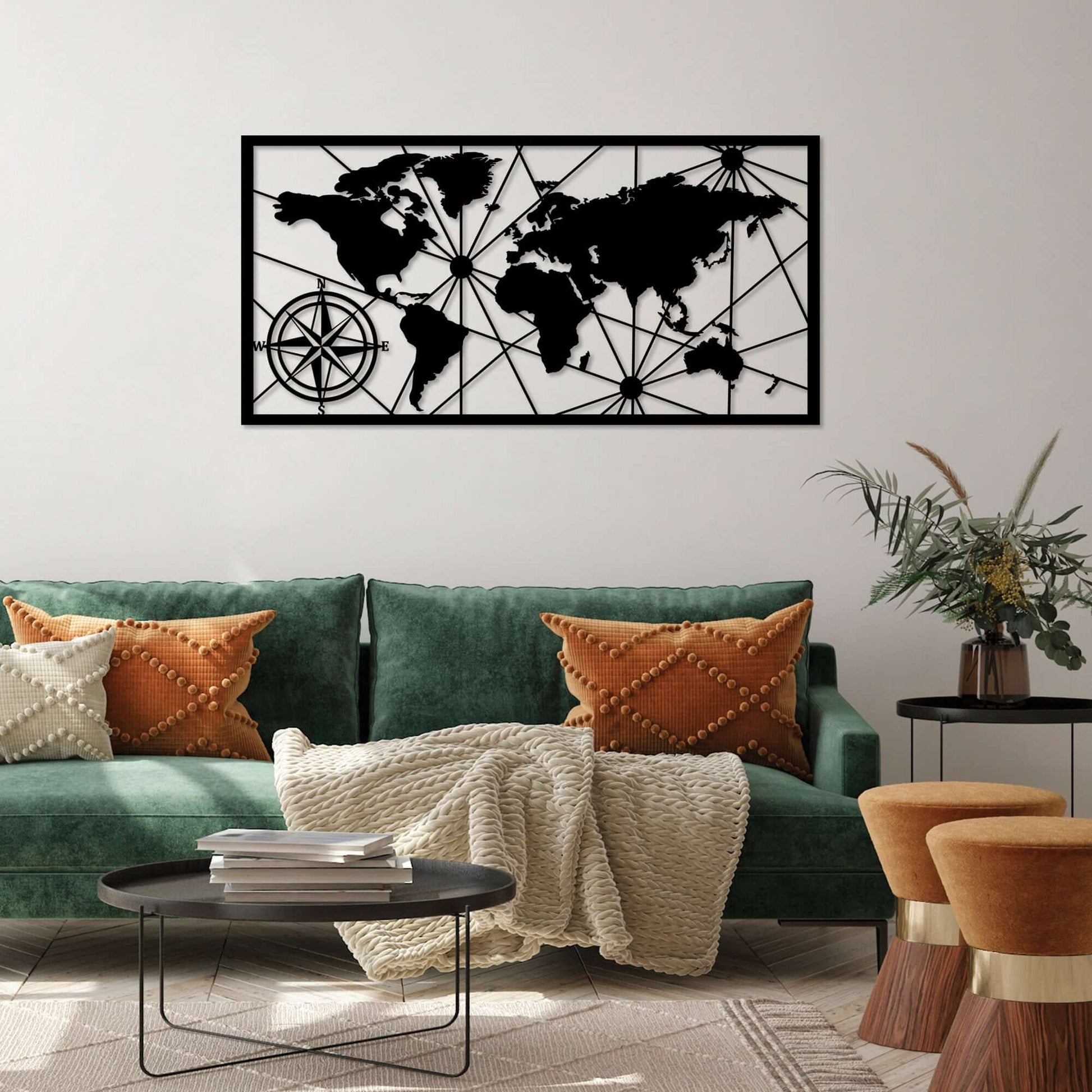 Metal wall art with detailed world map and compass design, ideal for living room or home office décor.