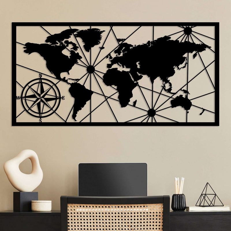 Global compass wall art with detailed world map and classic compass design for living room or home office.