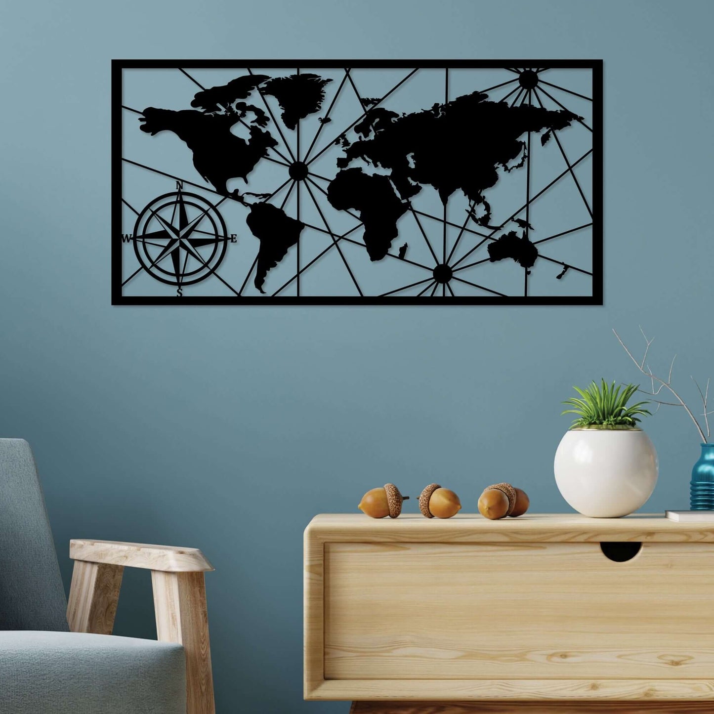 Global Compass Wall Art with Detailed World Map and Compass Design for Living Room or Home Office