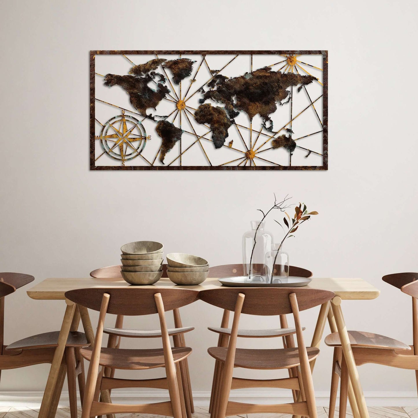 Global Navigator Wall Art with rustic world map and compass design.