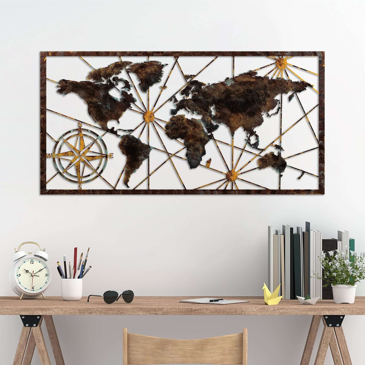 Global Navigator Wall Art with rustic world map and compass design.