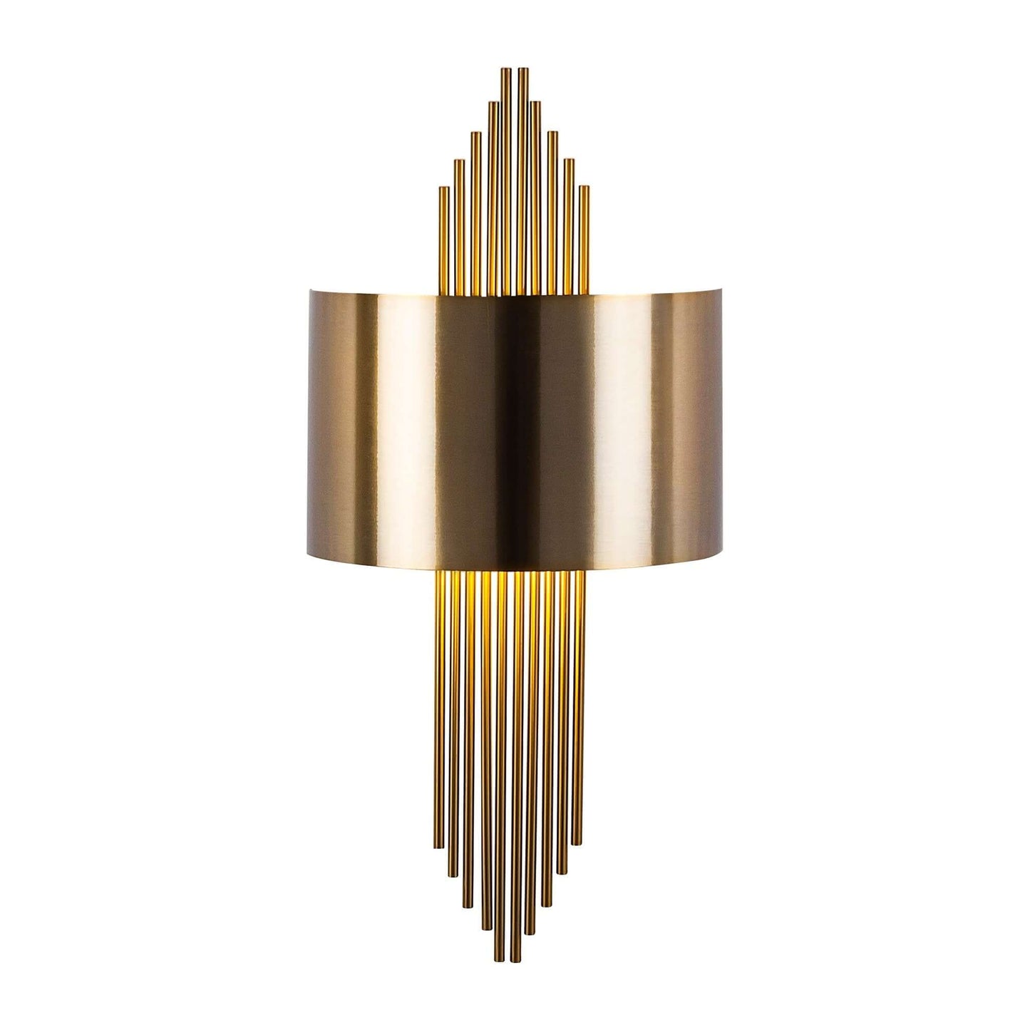 Golden Cascade Wall Sconce with gold rods cascading behind metallic shade, luxurious and eye-catching design.