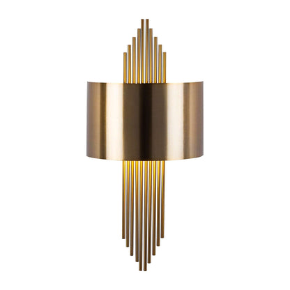 Golden Cascade Wall Sconce with gold rods cascading behind metallic shade, luxurious and eye-catching design.