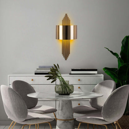 Golden Cascade Wall Sconce with elegant gold rods cascading behind metallic shade.