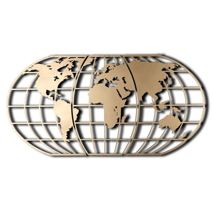 Golden Globe metal wall art with detailed world map design.