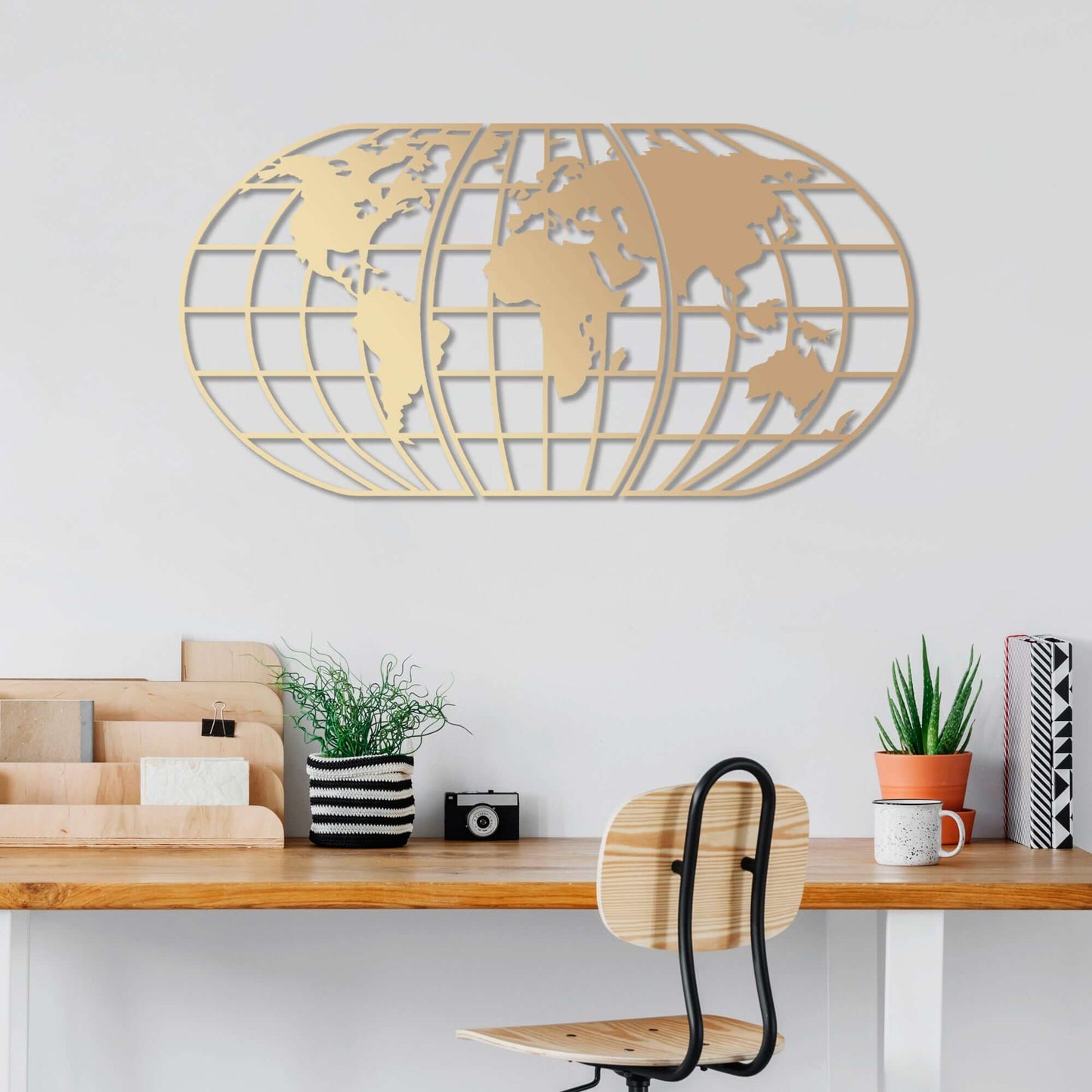 Golden Globe Wall Art metal decor with detailed world map design.