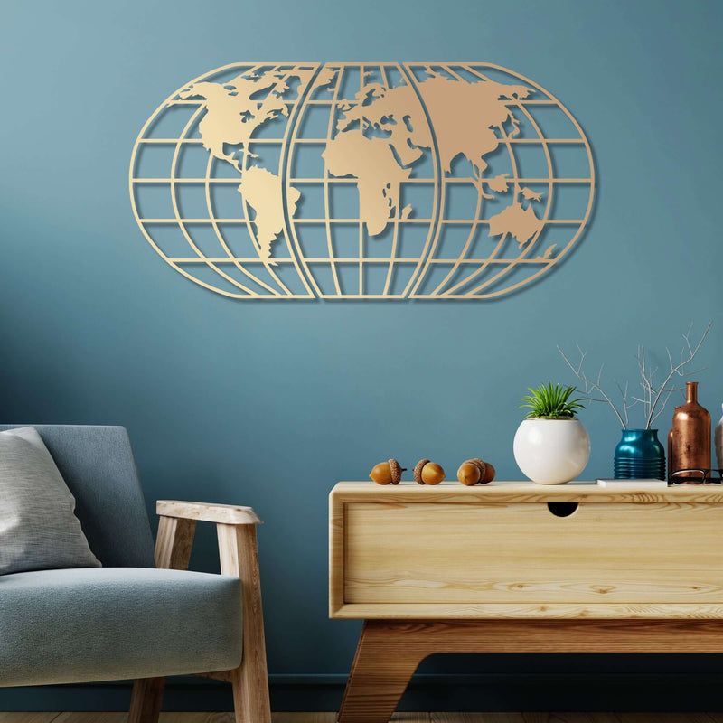 Golden Globe world map metal wall art decor for home living room.