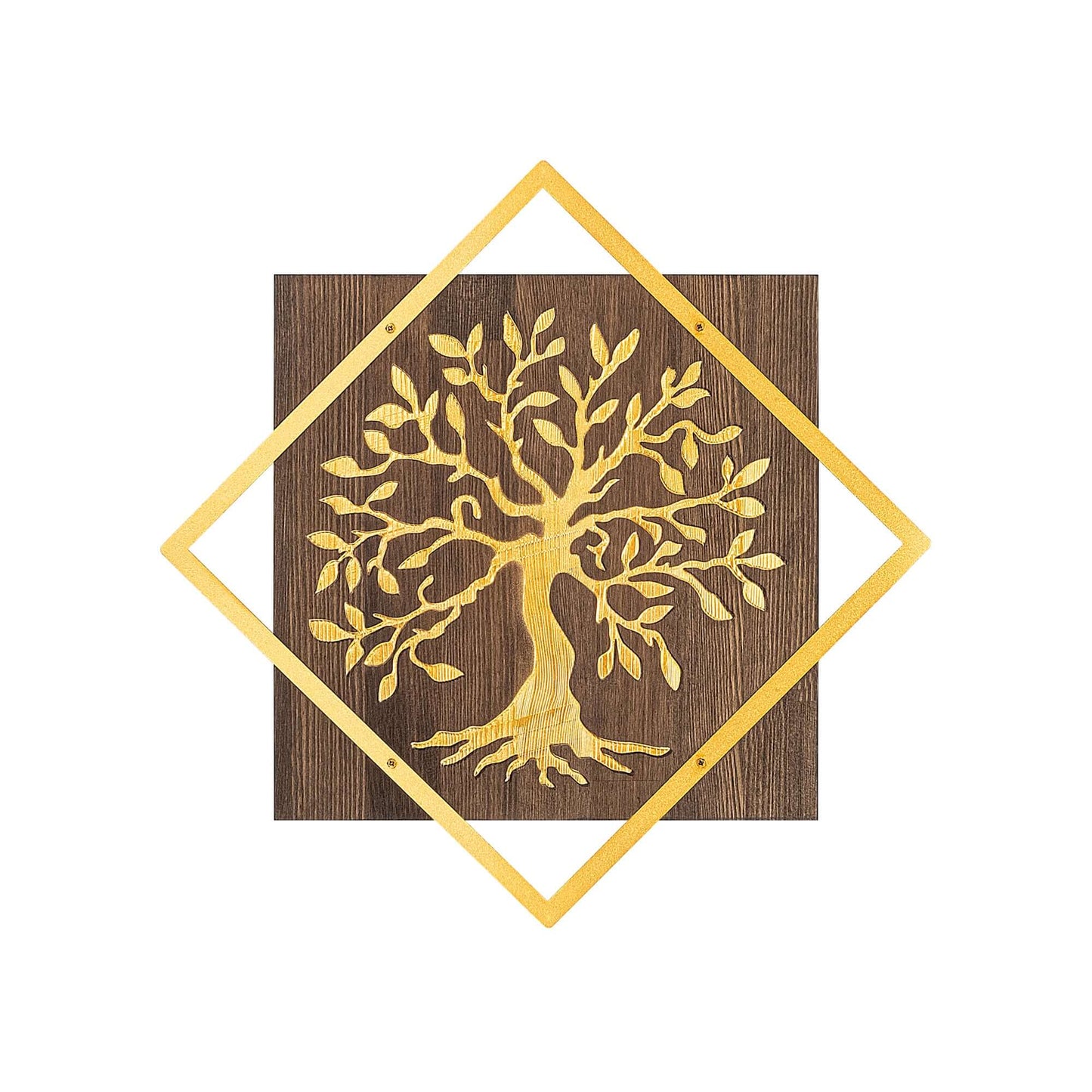 Golden metal tree wall decor on wood backing, adding warmth and nature's charm to your living space.