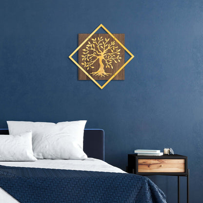 Golden metal tree on wood backing wall decor piece, adding warmth and nature's charm to your living space.